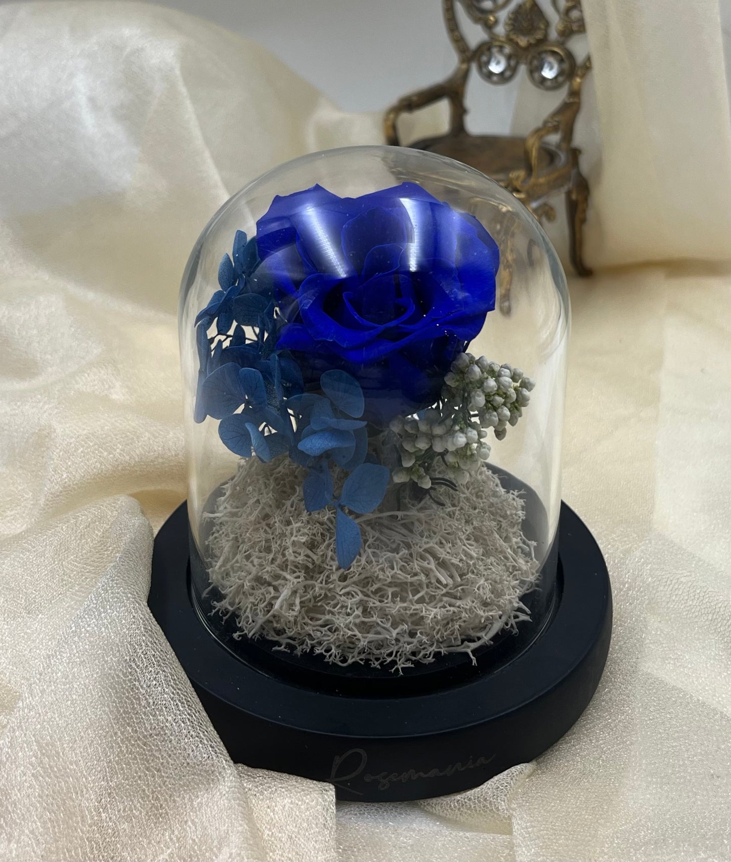 Sapphire Blue Preserved Rose Glass Dome