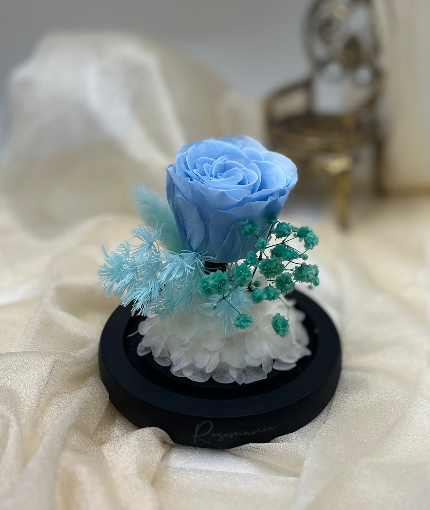 Blue Preserved Rose Glass Dome