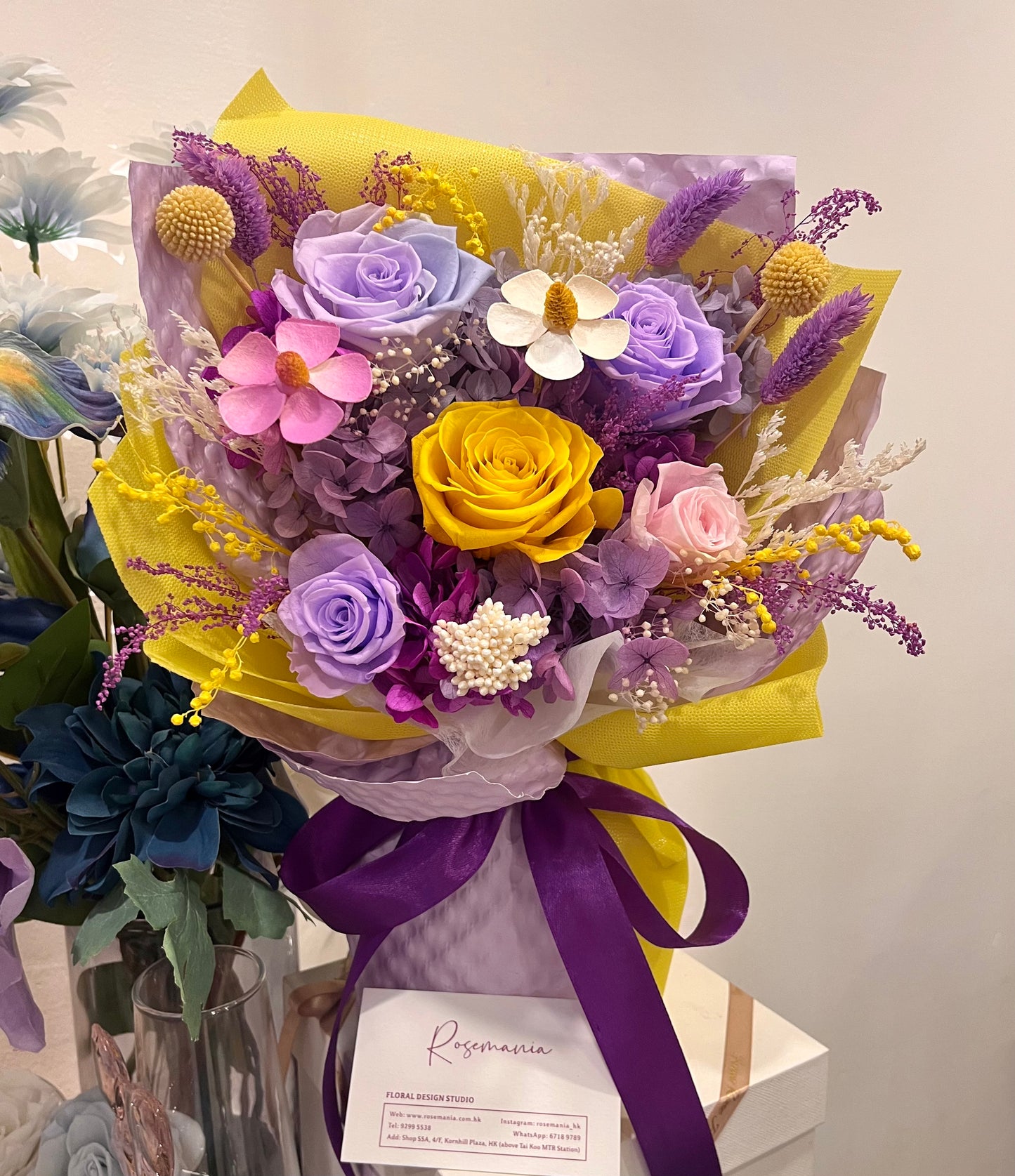 Purple & Yellow Preserved Roses Bouquet
