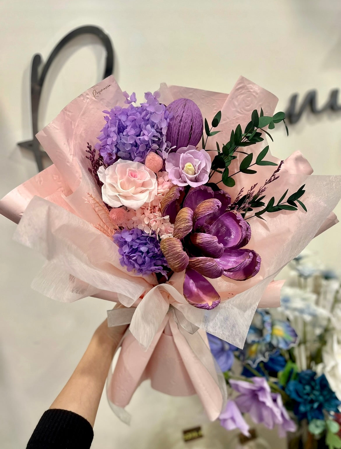 40cm Pink & Purple Preserved Roses Bouquet
