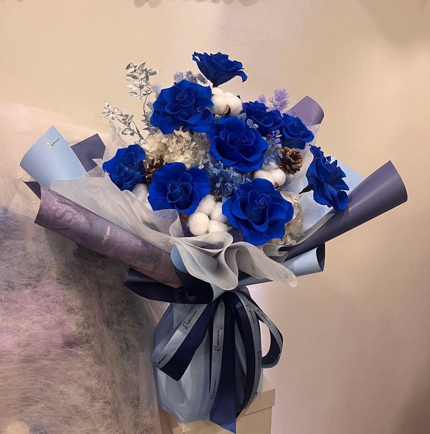 55-60cm Preserved 9 Sapphire Roses Bouquet