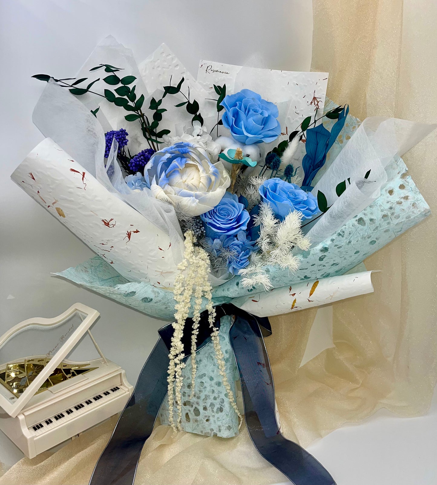 45cm Preserved Blue Roses Bouquet