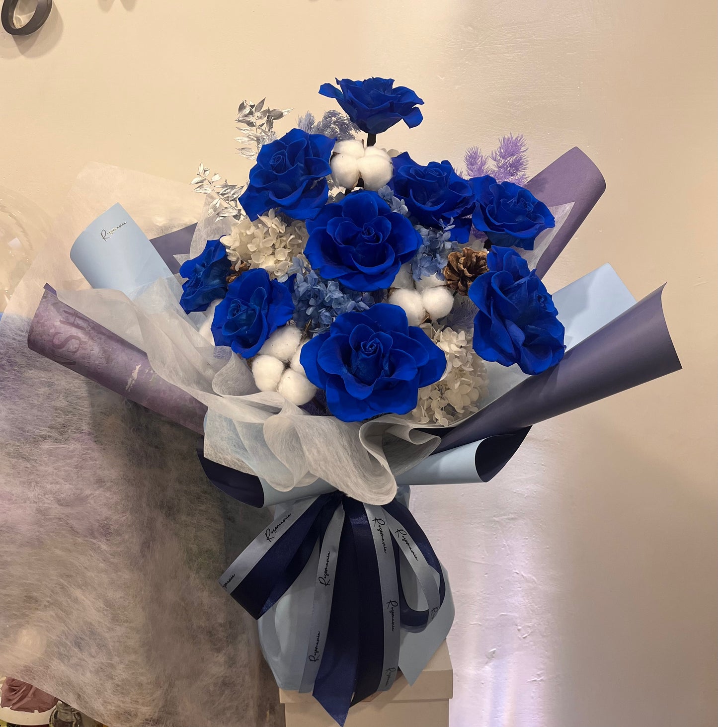 55-60cm Preserved 9 Sapphire Roses Bouquet