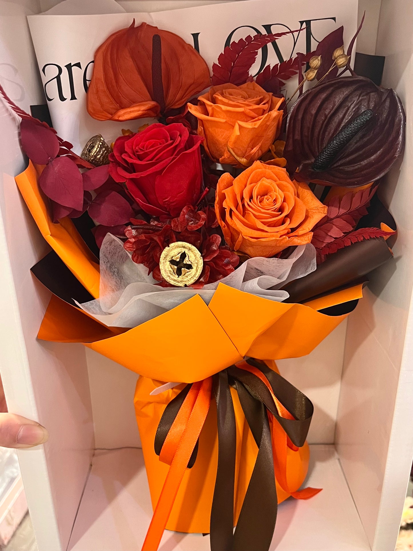 Autumn Tone Orange Preserved Roses Bouquet