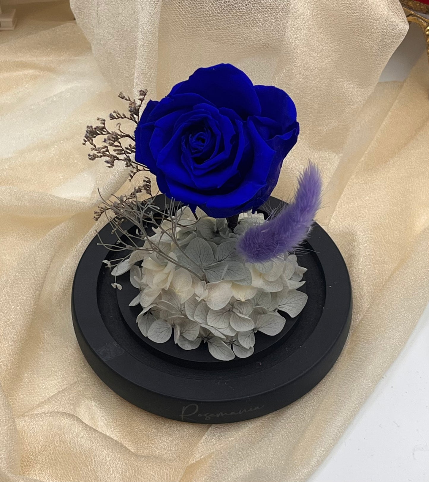 Sapphire Blue Preserved Rose Glass Dome
