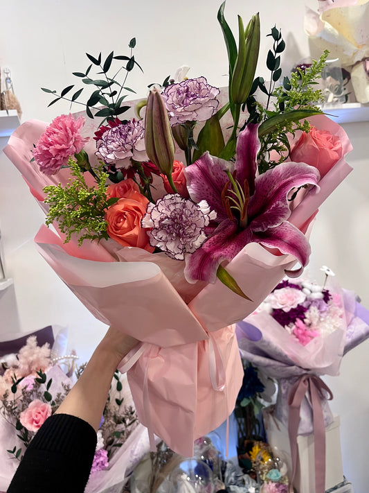 Bright Lily and Roses Fresh Flower Bouquet