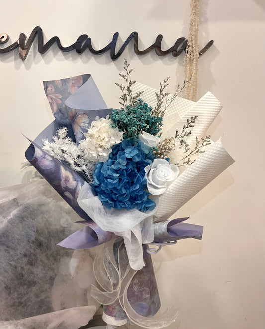 Preserved Blue Hydrangea and Rose Bouquet