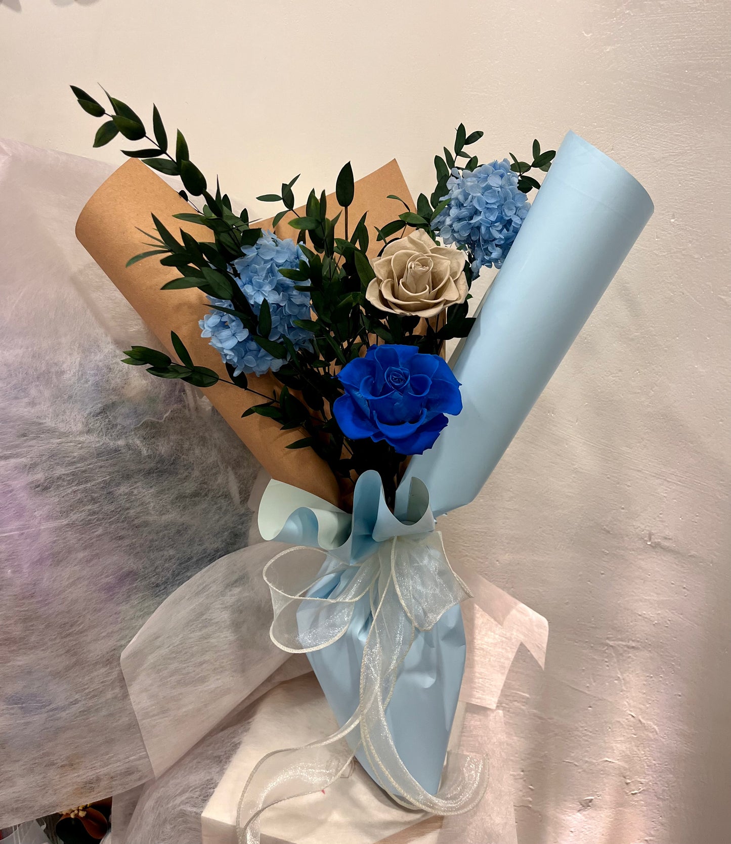 Dual-tone Preserved Sapphire Blue and Khaki Roses Bouquet
