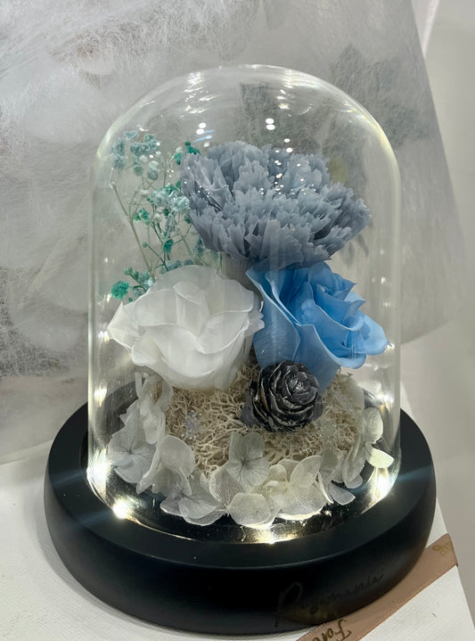 Blue & White Preserved Roses Glass Dome