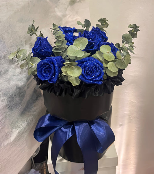 Fresh/Preserved Sapphire Blue Glitter Roses Bouquet