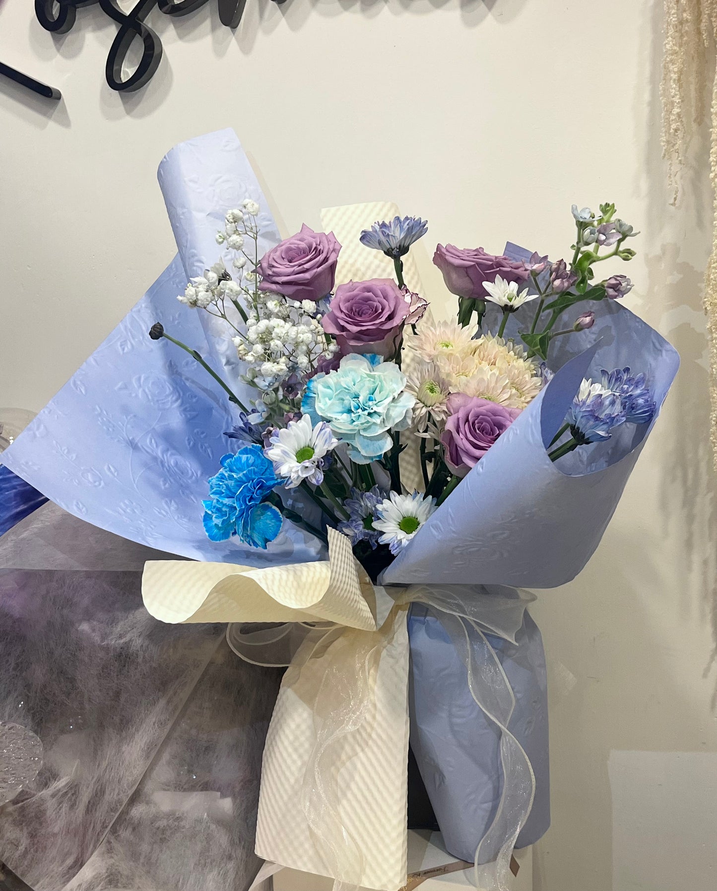 Fresh Blue & Purple Bouquet with Roses and Carnations