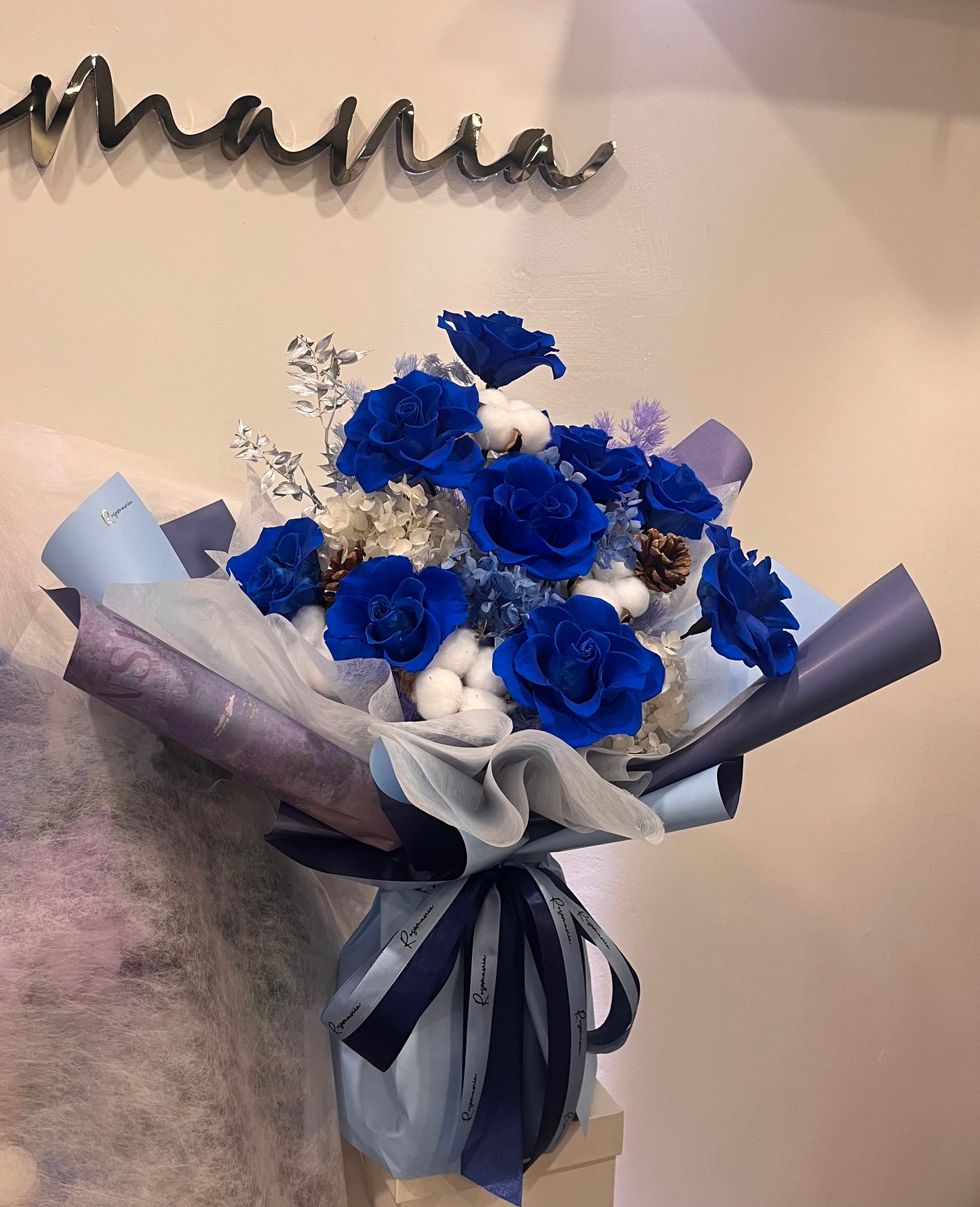 55-60cm Preserved 9 Sapphire Roses Bouquet