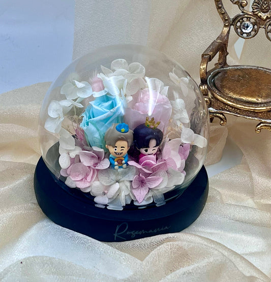 Pink-blue Double Color Preserved Roses Glass Dome