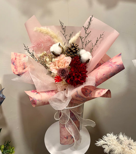 Preserved Pink Tone Roses and Cotton Bouquet 粉紅色調玫瑰木棉花保鮮花花束