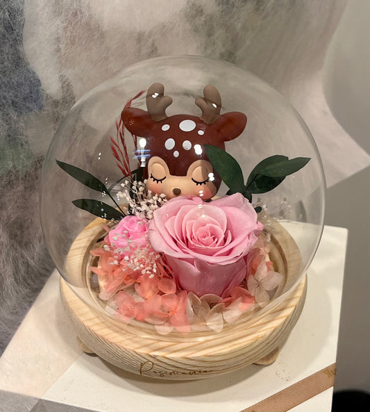 Deer Love Preserved Pink Rose Glass Dome