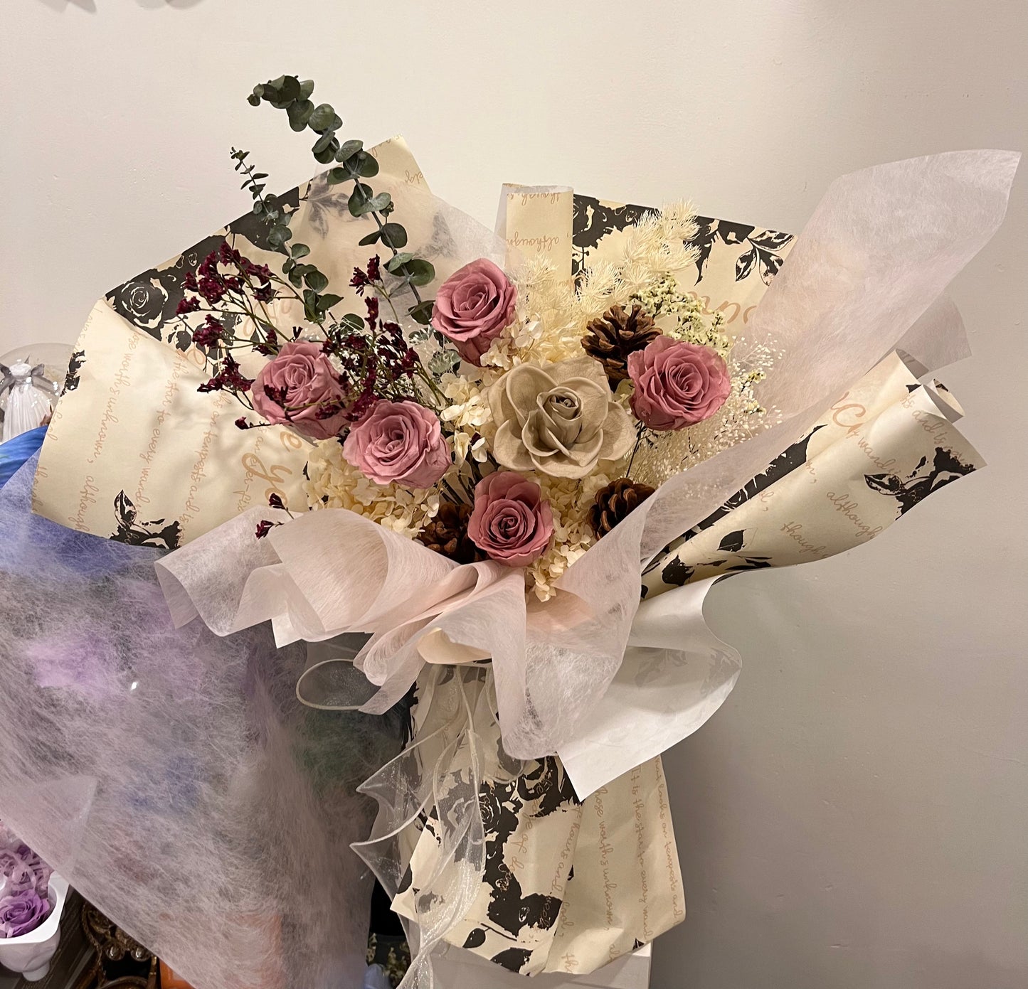 Vintage-style Preserved Pink & Khaki Roses Bouquet