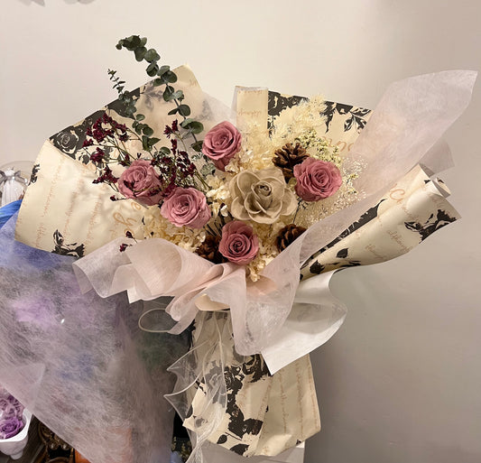 Vintage-style Preserved Pink & Khaki Roses Bouquet