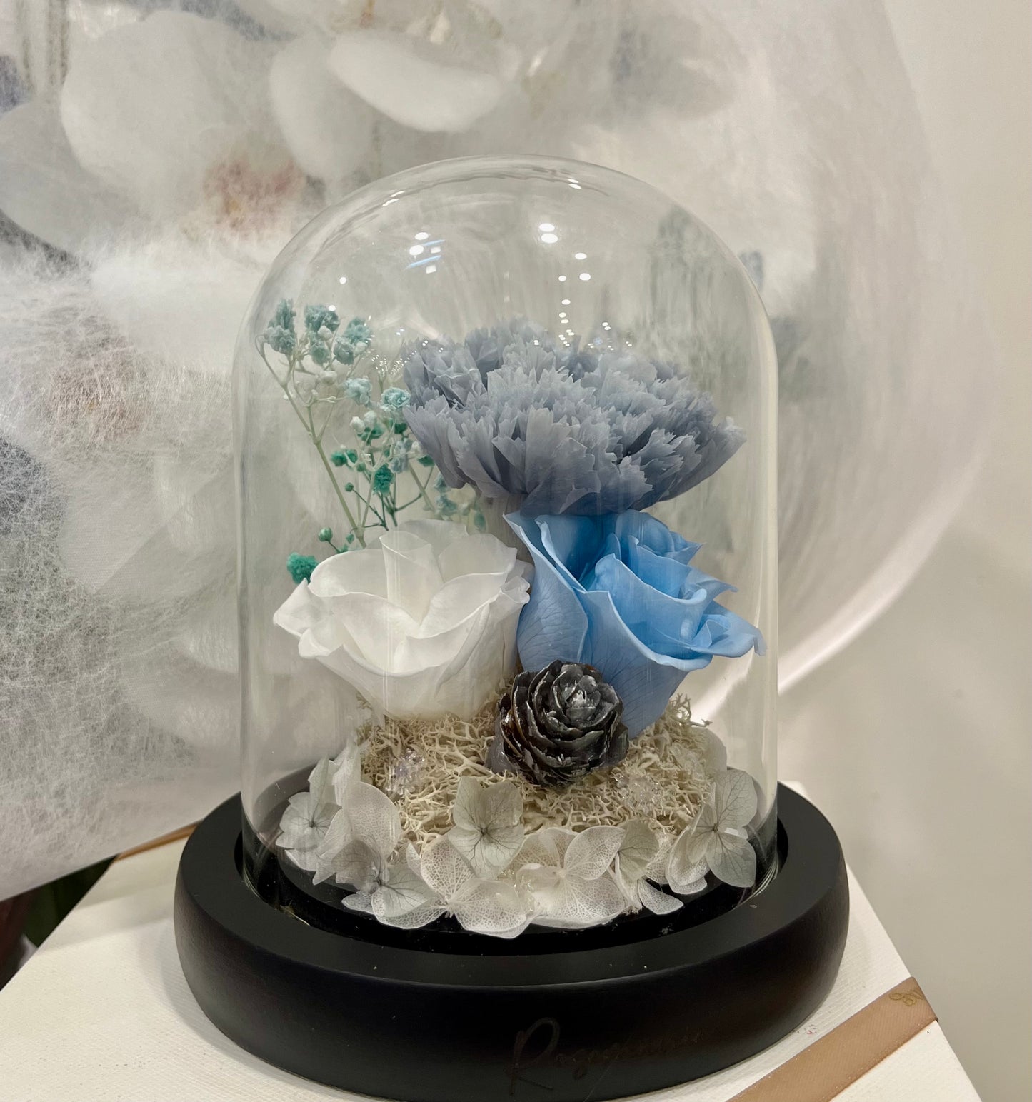 Blue & White Preserved Roses Glass Dome