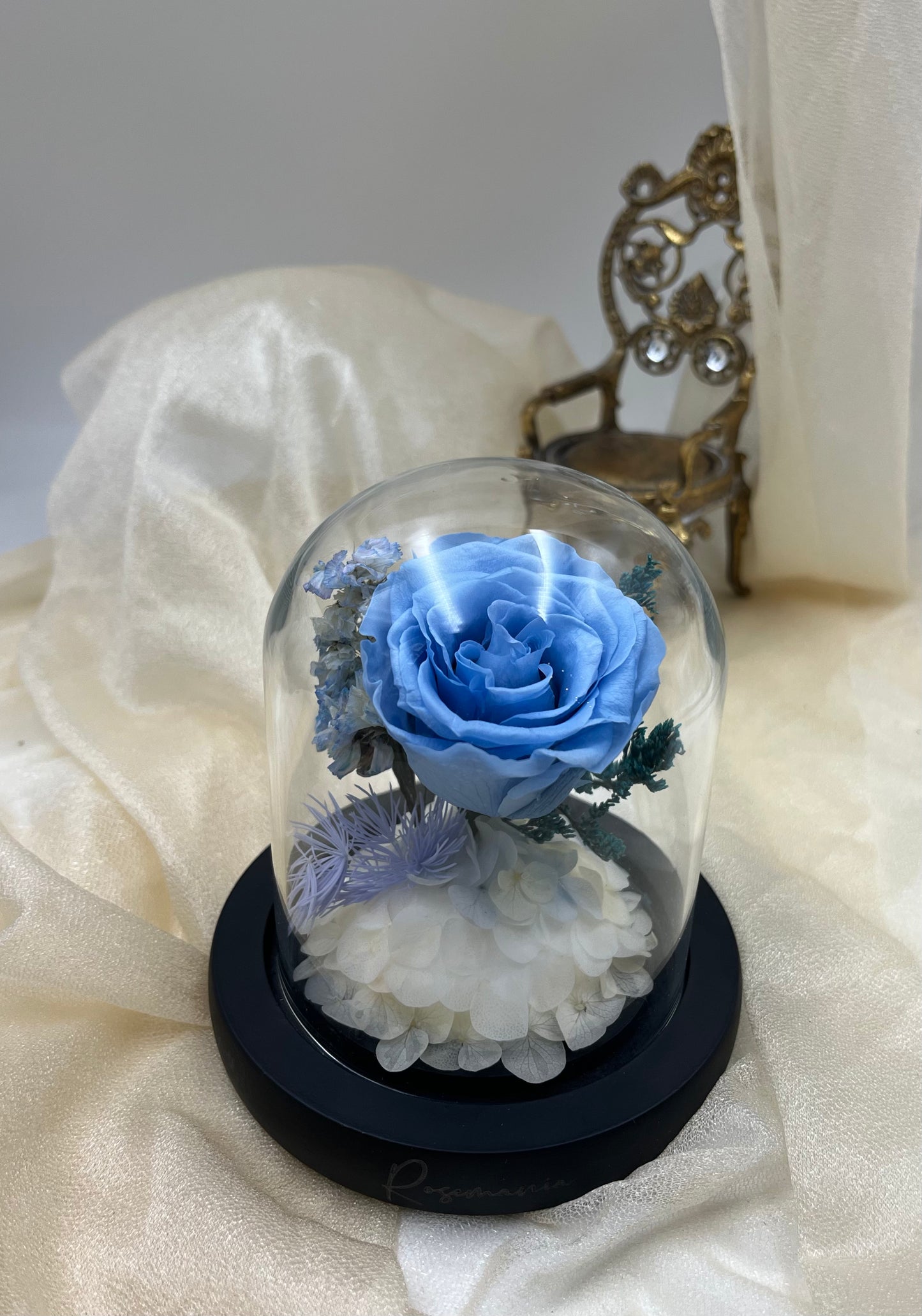 Blue Preserved Rose Glass Dome